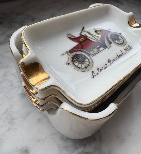 Mid-Century Porcelain Automobile Ashtray Set – 5 Pieces Gold Trim