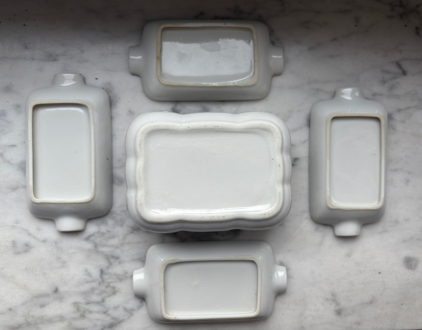 Mid-Century Porcelain Automobile Ashtray Set – 5 Pieces Gold Trim