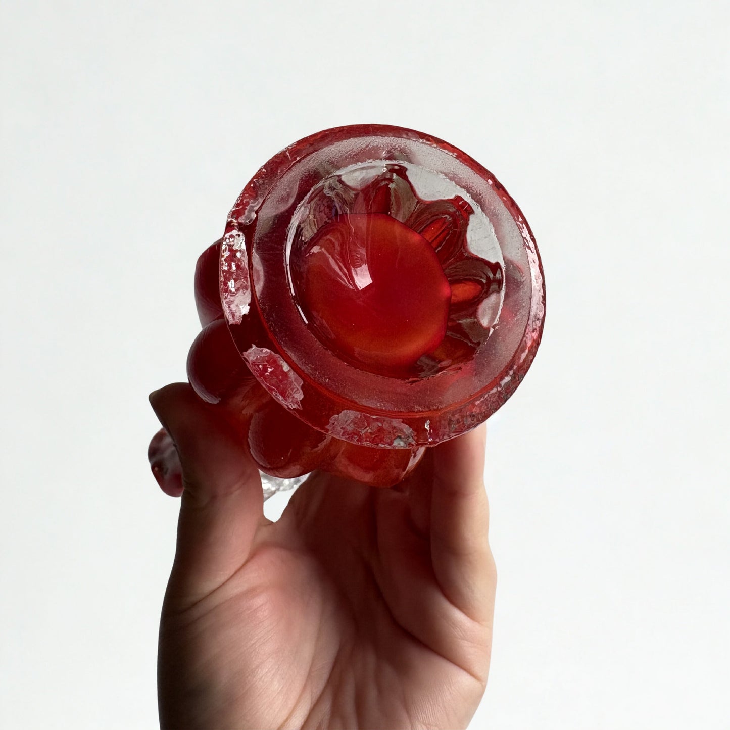 1970s Oread Red & Clear Art Glass Finger Vase — Sculptural Murano Style