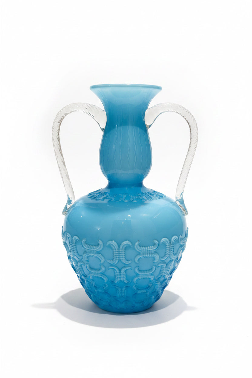 Opalina Fiorentina Empoli Vase, Blue Opaline Glass Amphora with Twin Handles, Italian Mid-Century 1960s-70s