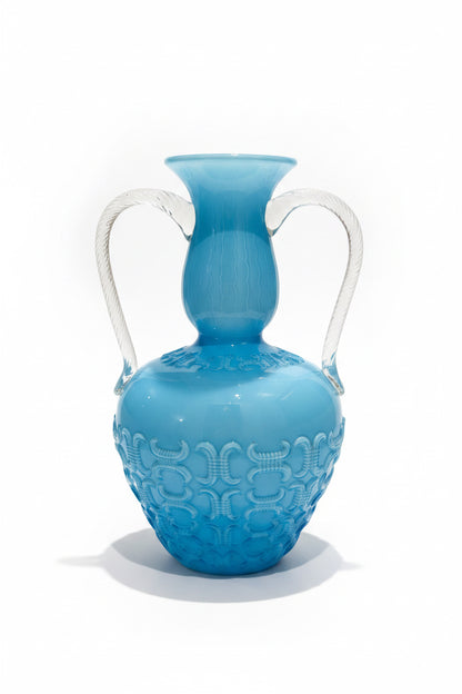 Opalina Fiorentina Empoli Vase, Blue Opaline Glass Amphora with Twin Handles, Italian Mid-Century 1960s-70s