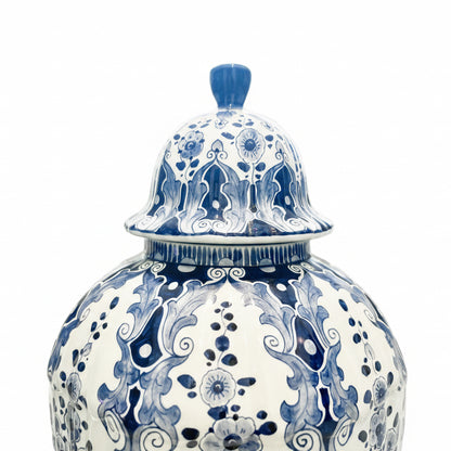 1950s–1960s Delft Blue & White Lidded Vase – Regina Gouda Floral & Bird Motif