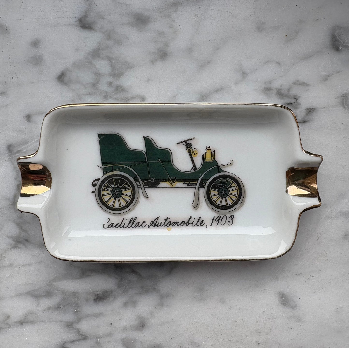 Mid-Century Porcelain Automobile Ashtray Set – 5 Pieces Gold Trim