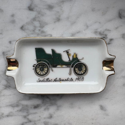 Mid-Century Porcelain Automobile Ashtray Set – 5 Pieces Gold Trim