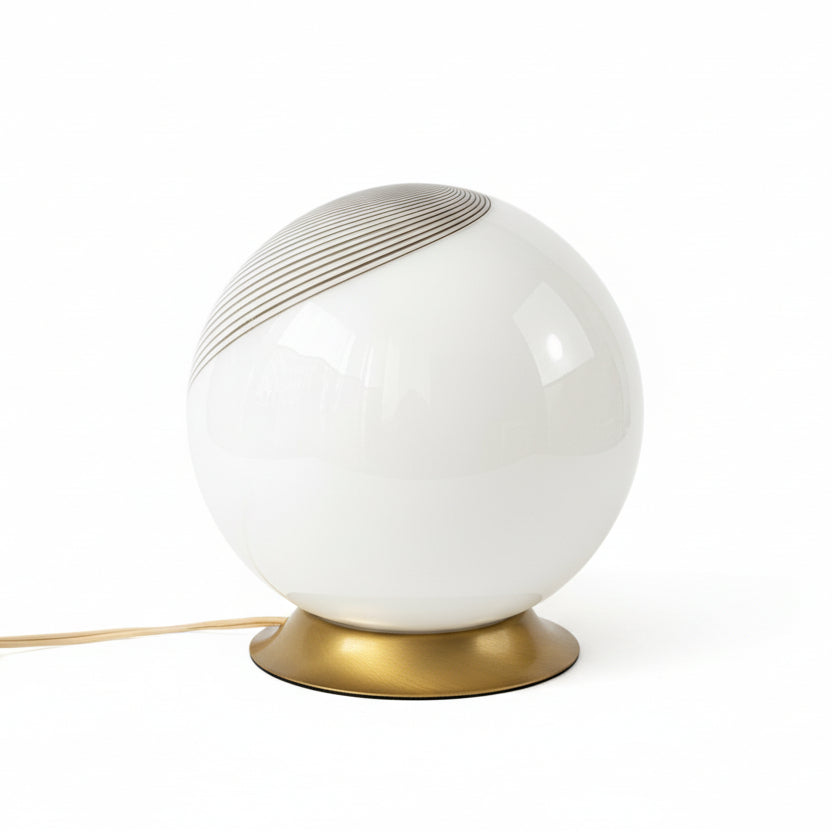 Italian Modernist Spiral Glass Table Lamp – Opaline Globe & Brass Base, Venini style, late 1960s–1970s