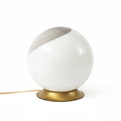 Italian Modernist Spiral Glass Table Lamp – Opaline Globe & Brass Base, Venini style, late 1960s–1970s