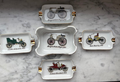 Mid-Century Porcelain Automobile Ashtray Set – 5 Pieces Gold Trim