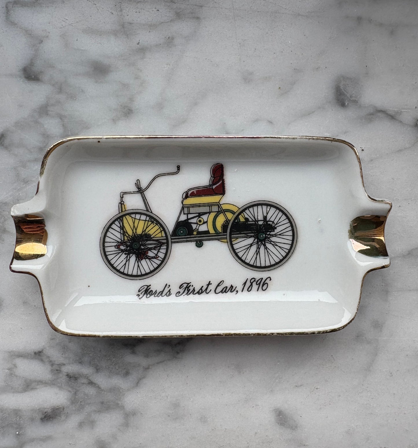 Mid-Century Porcelain Automobile Ashtray Set – 5 Pieces Gold Trim
