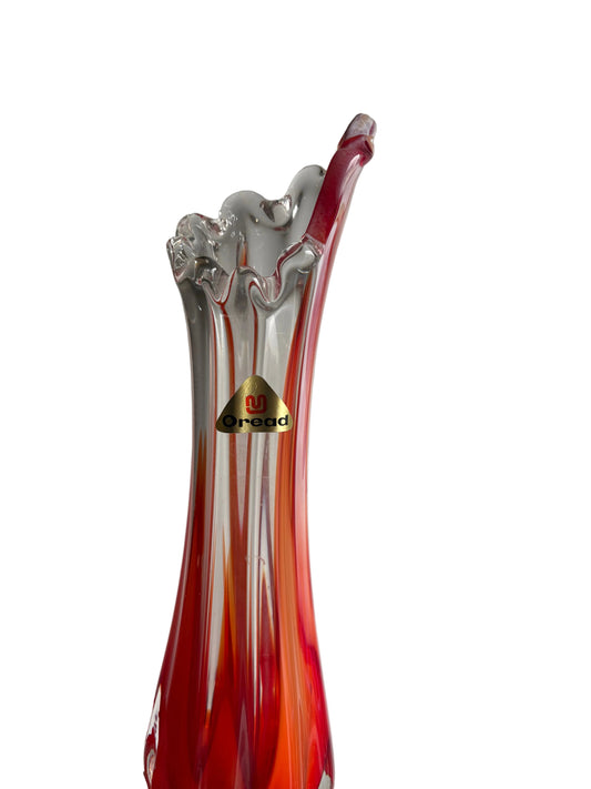 1970s Oread Red & Clear Art Glass Finger Vase — Sculptural Murano Style