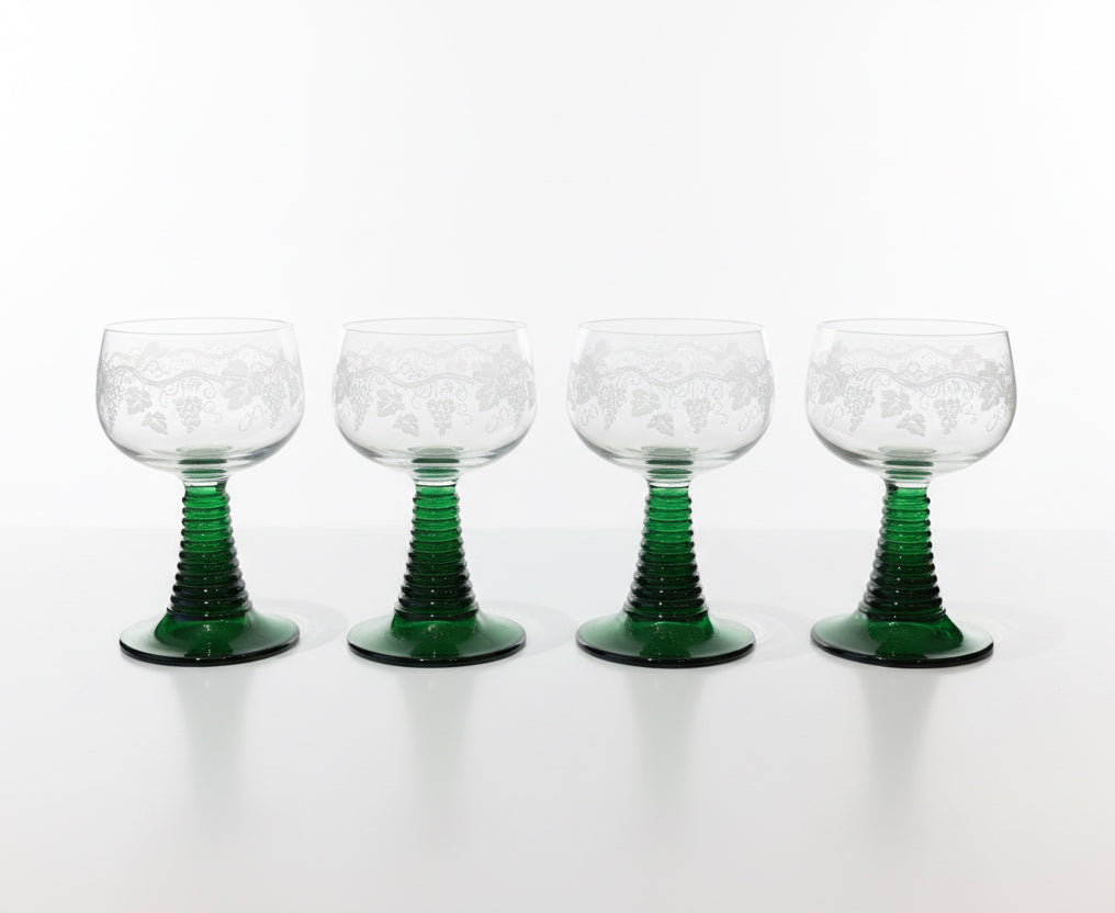 Set of 4 Luminarc Stemmed Glasses Green Base – Etched Coupe Glasses France 1970s