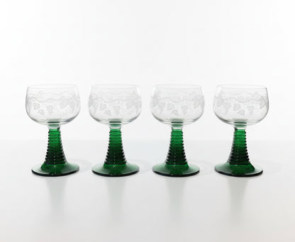 Set of 4 Luminarc Stemmed Glasses Green Base – Etched Coupe Glasses France 1970s