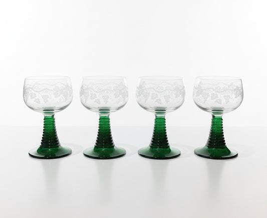 Set of 4 Luminarc Stemmed Glasses Green Base – Etched Coupe Glasses France 1970s