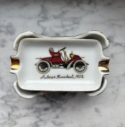 Mid-Century Porcelain Automobile Ashtray Set – 5 Pieces Gold Trim