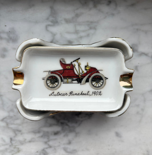 Mid-Century Porcelain Automobile Ashtray Set – 5 Pieces Gold Trim