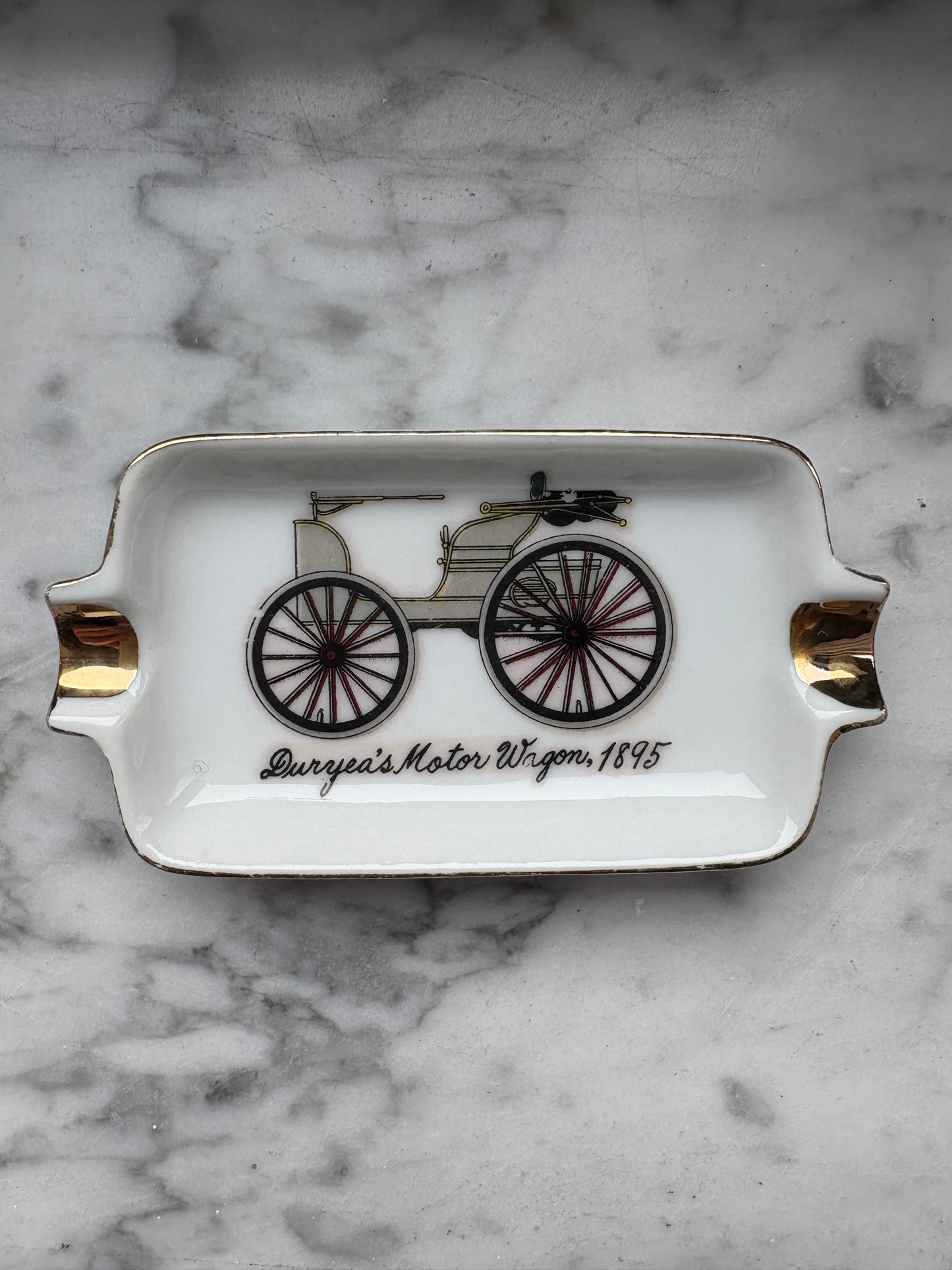 Mid-Century Porcelain Automobile Ashtray Set – 5 Pieces Gold Trim