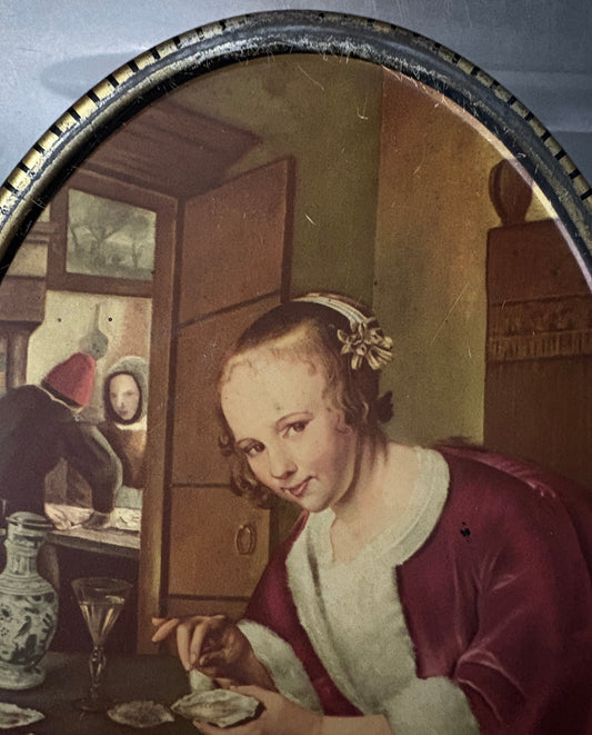 DBF Antwerp Tin Box – Oval Decorative Metal Box Oyster Eater Scene 1950s