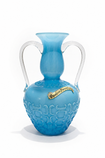 Opalina Fiorentina Empoli Vase, Blue Opaline Glass Amphora with Twin Handles, Italian Mid-Century 1960s-70s