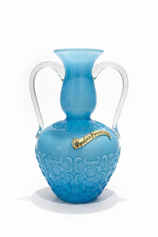 Opalina Fiorentina Empoli Vase, Blue Opaline Glass Amphora with Twin Handles, Italian Mid-Century 1960s-70s