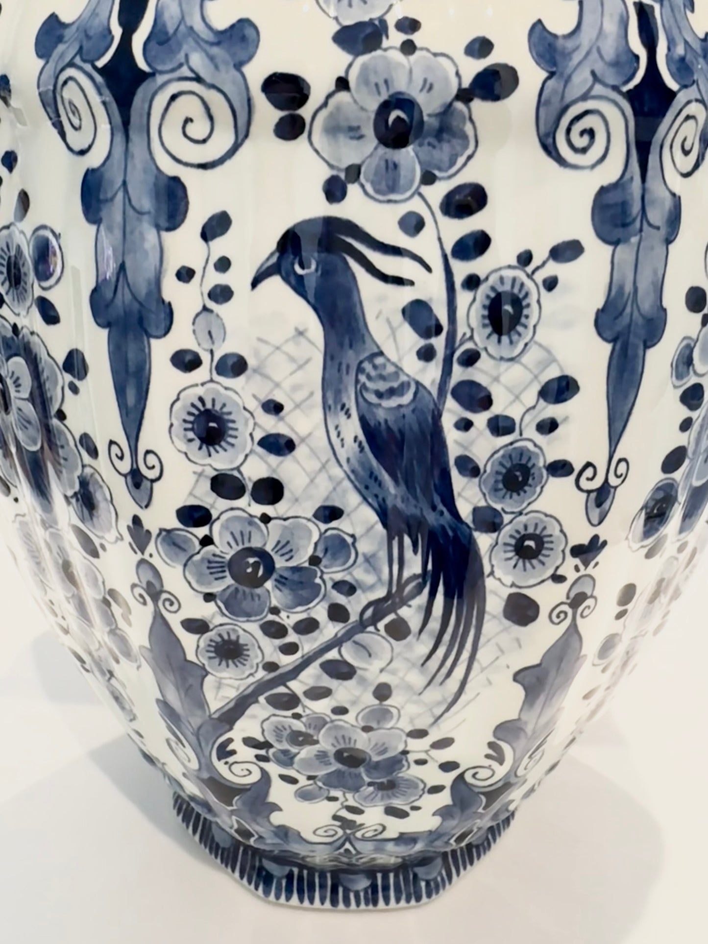 1950s–1960s Delft Blue & White Lidded Vase – Regina Gouda Floral & Bird Motif