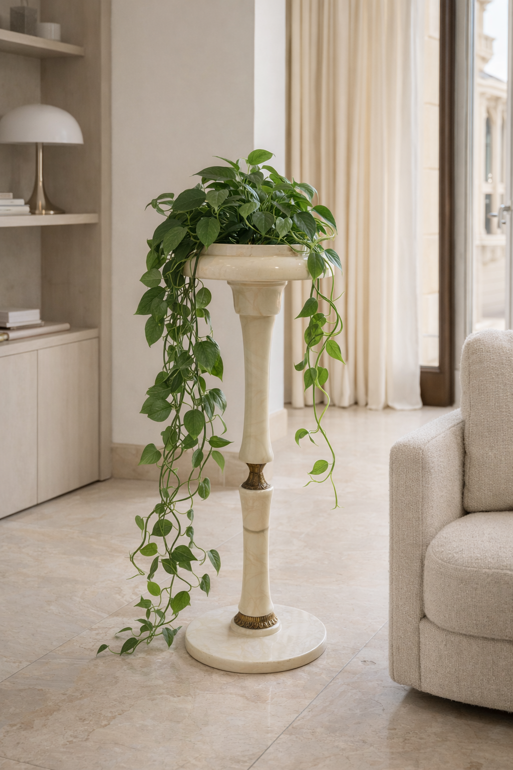 Mid-Century Onyx Pedestal Stand with Brass Details – Italian Style, 1960s