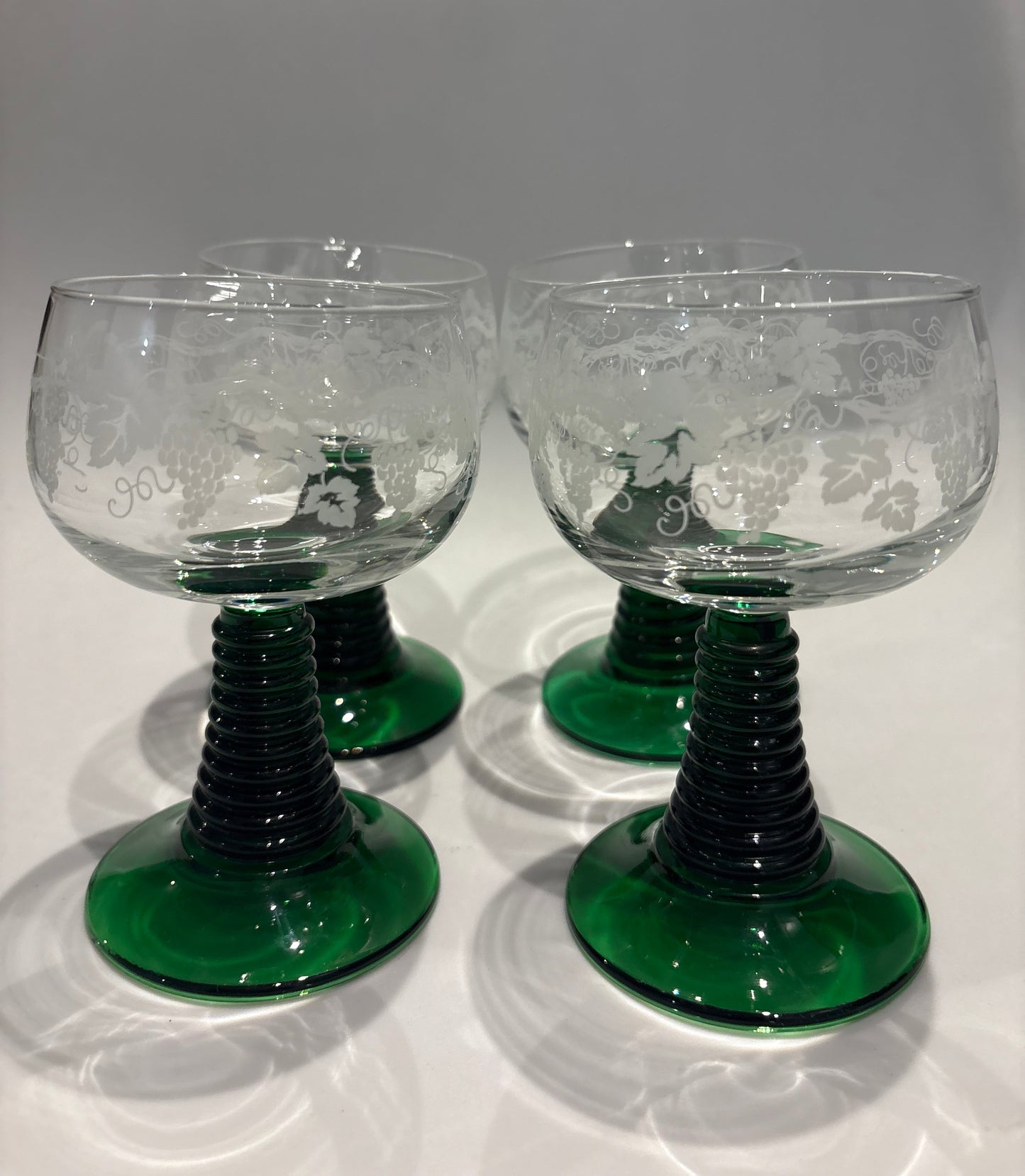 Set of 4 Luminarc Stemmed Glasses Green Base – Etched Coupe Glasses France 1970s