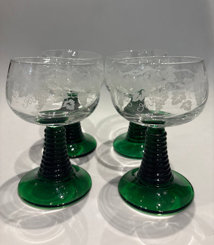 Set of 4 Luminarc Stemmed Glasses Green Base – Etched Coupe Glasses France 1970s