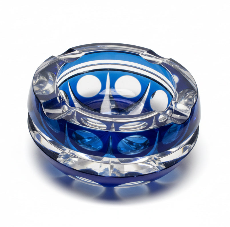 Val Saint Lambert Crystal Ashtray – Blue Cobalt Cut Glass – Belgium, 1970s