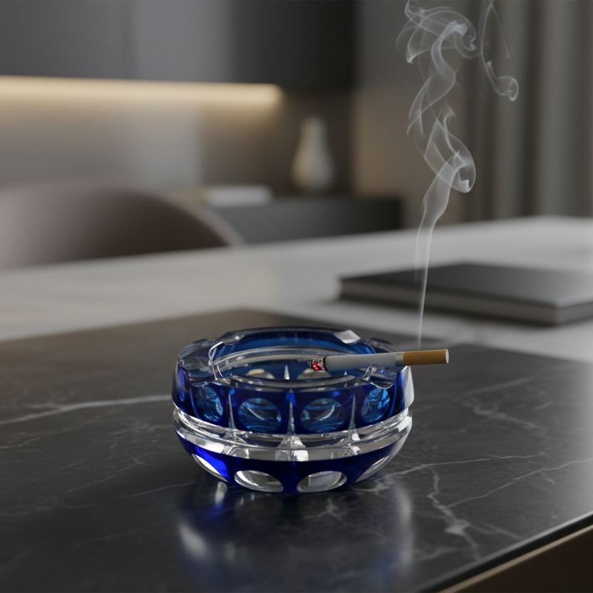 Val Saint Lambert Crystal Ashtray – Blue Cobalt Cut Glass – Belgium, 1970s