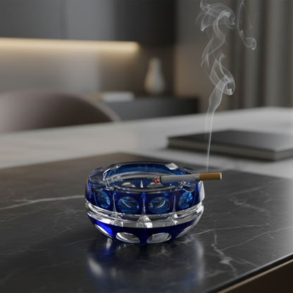 Val Saint Lambert Crystal Ashtray – Blue Cobalt Cut Glass – Belgium, 1970s