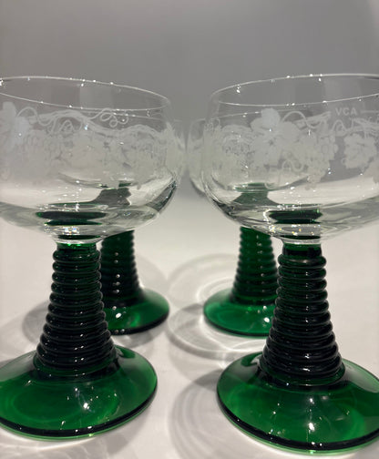 Set of 4 Luminarc Stemmed Glasses Green Base – Etched Coupe Glasses France 1970s