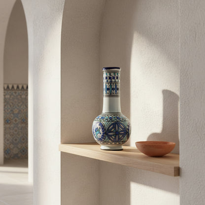 Hand-Painted Tunisian Ceramic Vase – Nabeul Pierced Design c. 1970s-1980s