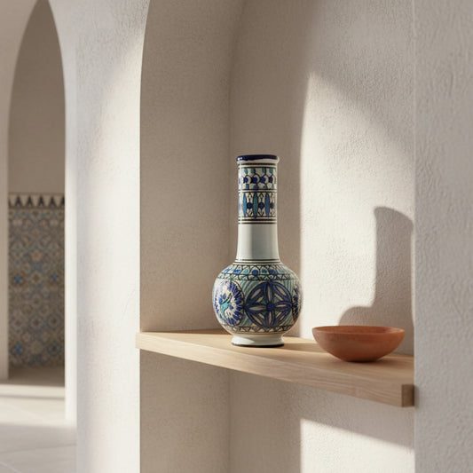 Hand-Painted Tunisian Ceramic Vase – Nabeul Pierced Design c. 1970s-1980s