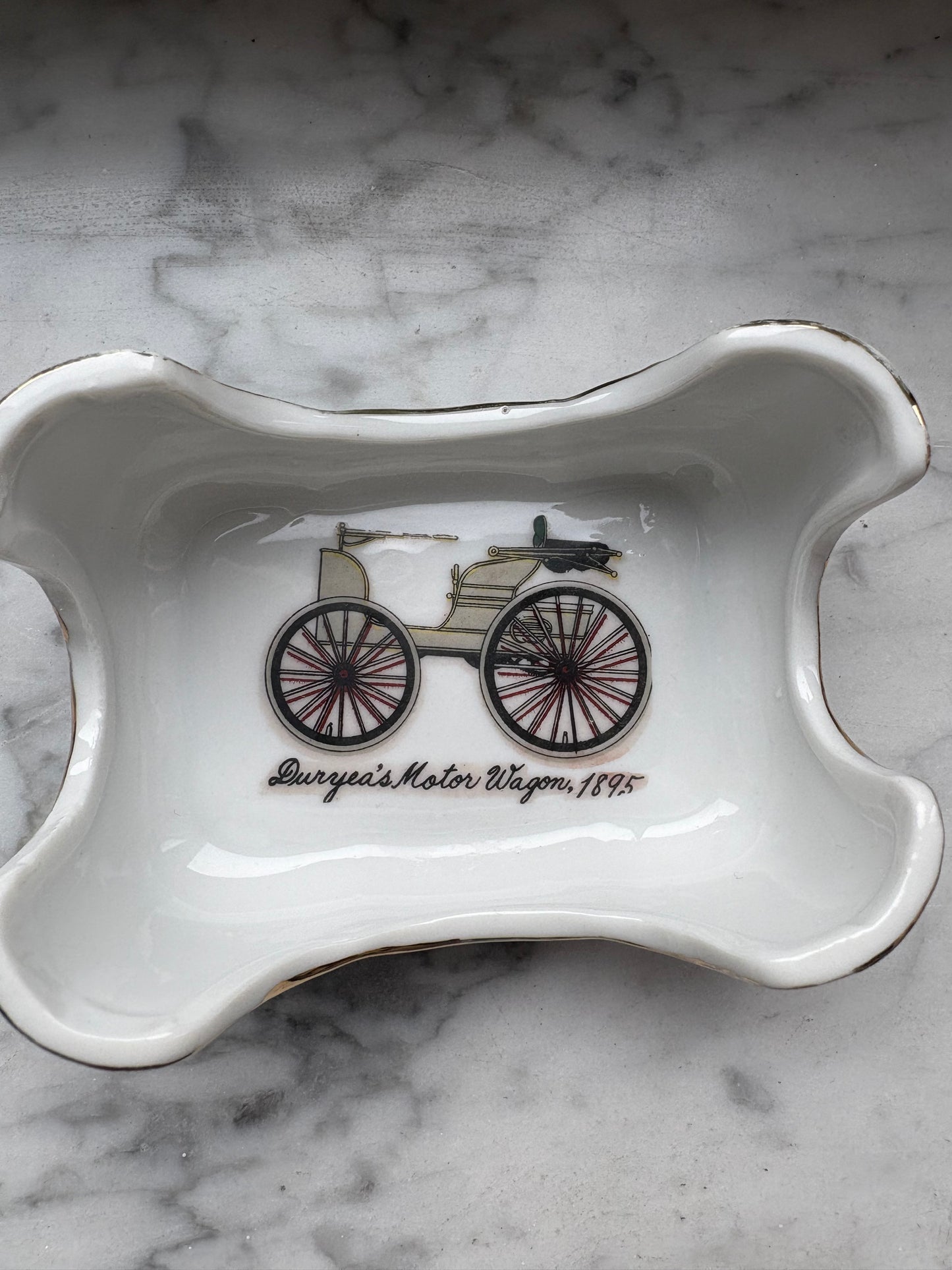 Mid-Century Porcelain Automobile Ashtray Set – 5 Pieces Gold Trim