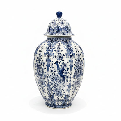 1950s–1960s Delft Blue & White Lidded Vase – Regina Gouda Floral & Bird Motif