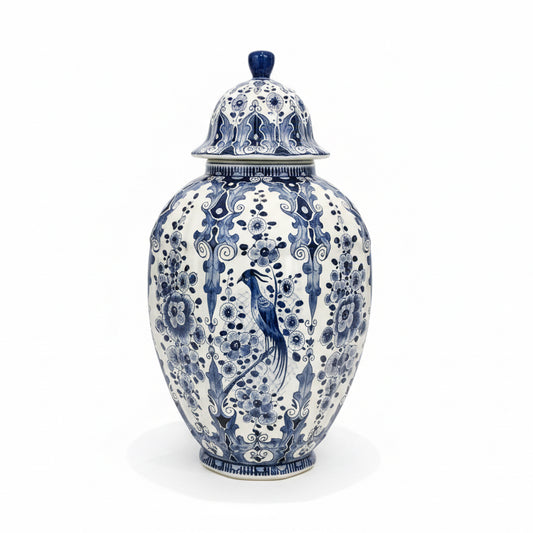 1950s–1960s Delft Blue & White Lidded Vase – Regina Gouda Floral & Bird Motif