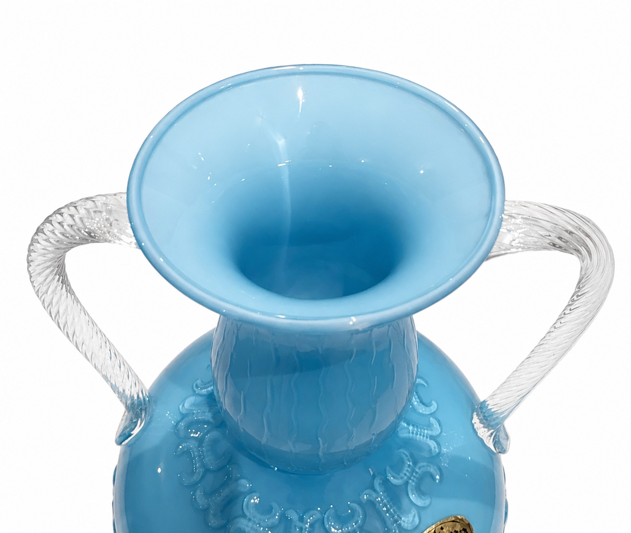 Opalina Fiorentina Empoli Vase, Blue Opaline Glass Amphora with Twin Handles, Italian Mid-Century 1960s-70s