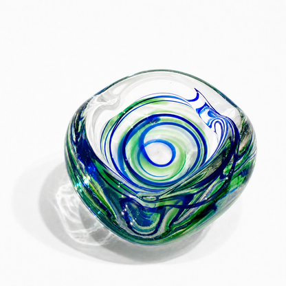 Max Verboeket Crystal Art Glass Catchall – “Abstracta” Blue & Green Swirl, Kristalunie Maastricht, 1960s