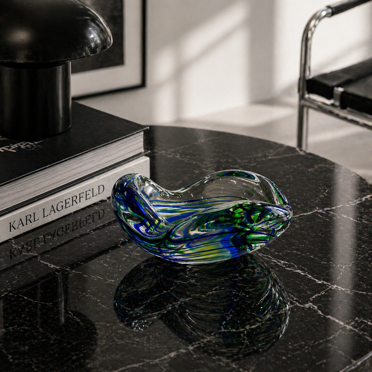 Max Verboeket Crystal Art Glass Catchall – “Abstracta” Blue & Green Swirl, Kristalunie Maastricht, 1960s
