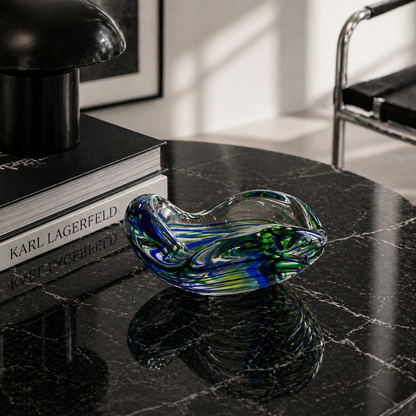 Max Verboeket Crystal Art Glass Catchall – “Abstracta” Blue & Green Swirl, Kristalunie Maastricht, 1960s