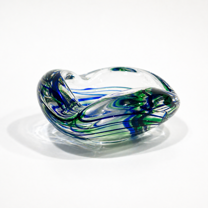 Max Verboeket Crystal Art Glass Catchall – “Abstracta” Blue & Green Swirl, Kristalunie Maastricht, 1960s