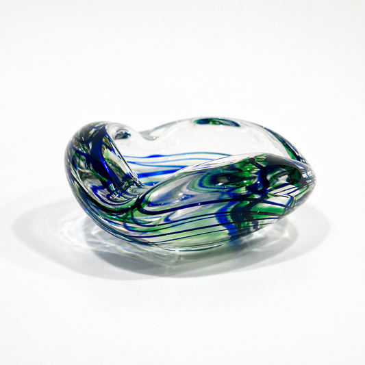 Max Verboeket Crystal Art Glass Catchall – “Abstracta” Blue & Green Swirl, Kristalunie Maastricht, 1960s