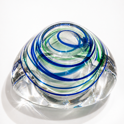 Max Verboeket Crystal Art Glass Catchall – “Abstracta” Blue & Green Swirl, Kristalunie Maastricht, 1960s