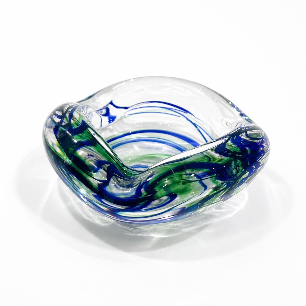 Max Verboeket Crystal Art Glass Catchall – “Abstracta” Blue & Green Swirl, Kristalunie Maastricht, 1960s