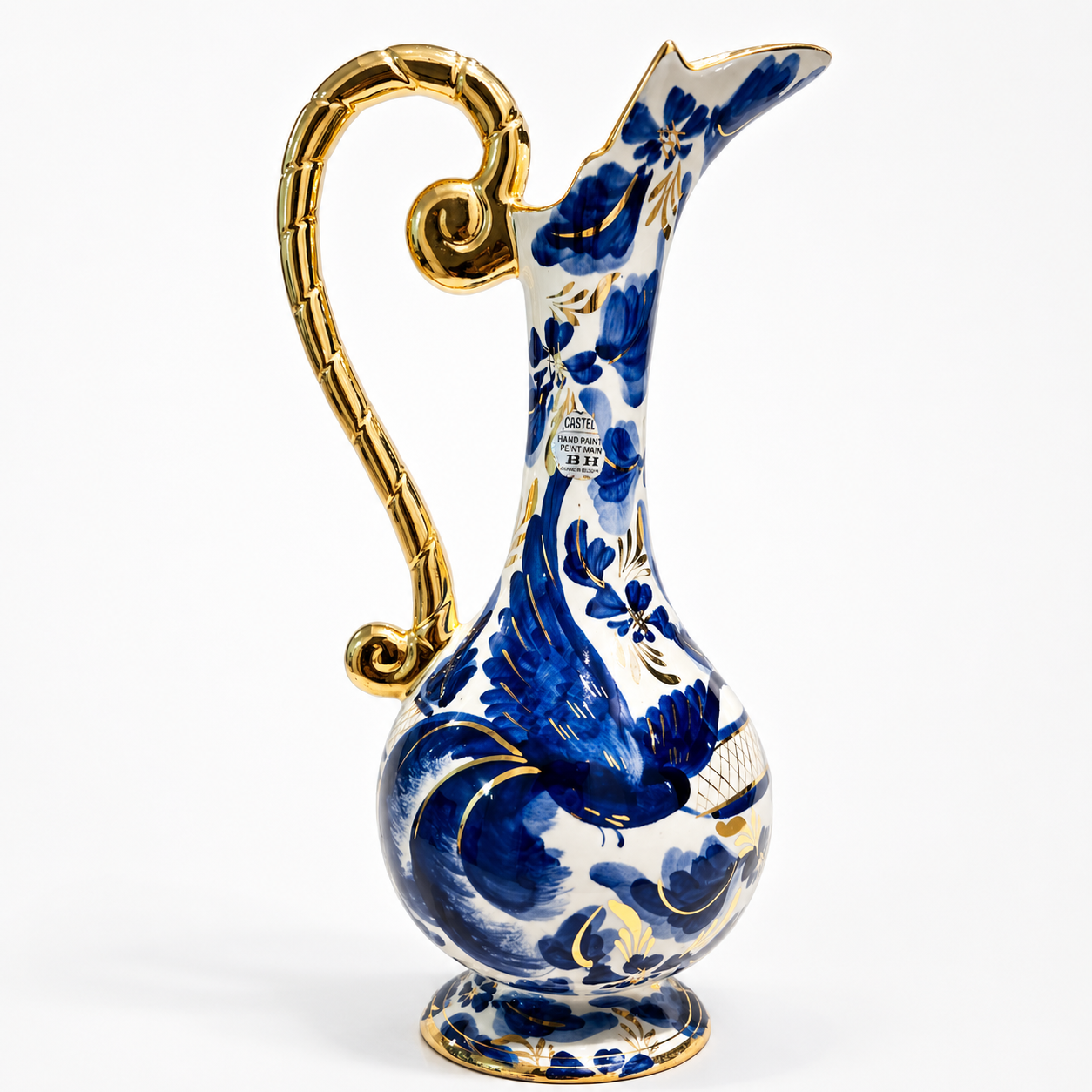 Hubert Bequet Pitcher No. 872 – Blue Bird of Paradise Faience with 24K Gold Details