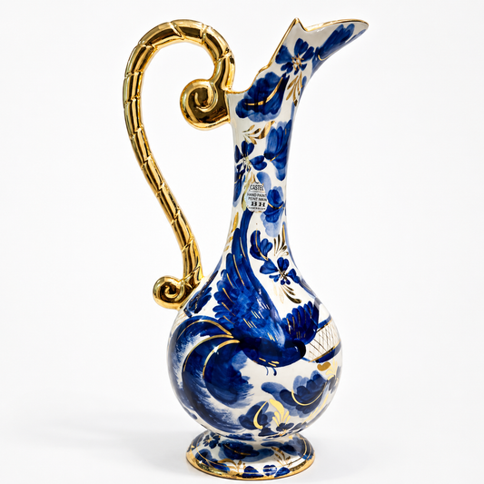 Hubert Bequet Pitcher No. 872 – Blue Bird of Paradise Faience with 24K Gold Details