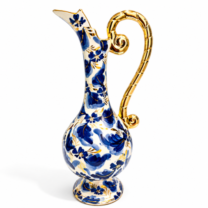Hubert Bequet Pitcher No. 872 – Blue Bird of Paradise Faience with 24K Gold Details