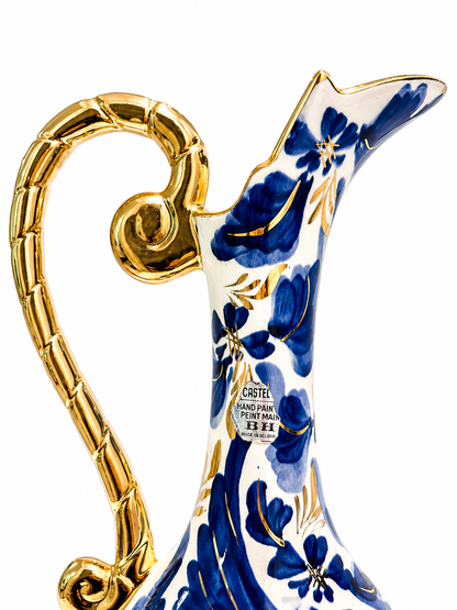 Hubert Bequet Pitcher No. 872 – Blue Bird of Paradise Faience with 24K Gold Details