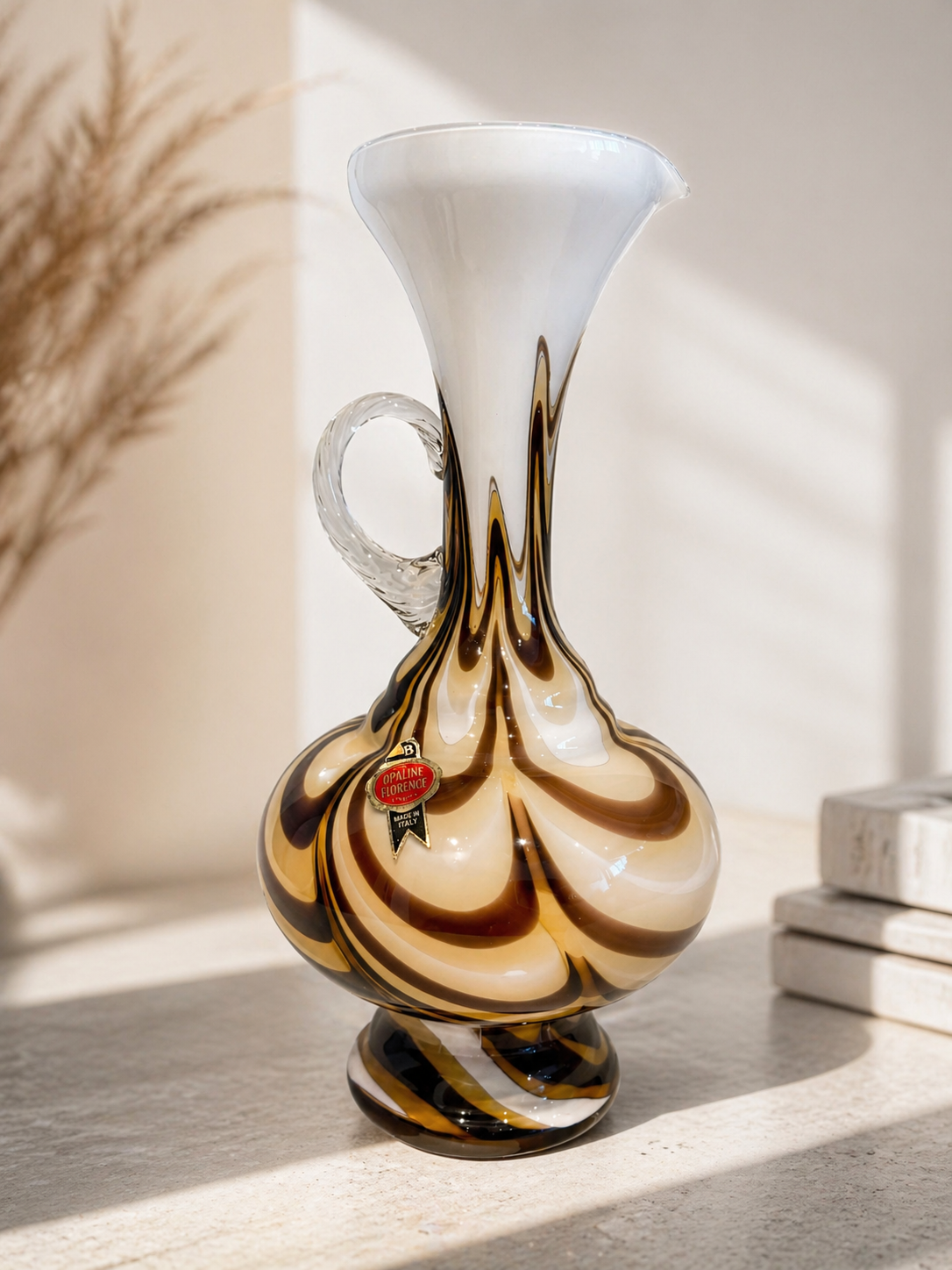 Empoli Opaline Glass Pitcher Vase – Brown Swirl Vetreria Barbieri 1970s (30 cm)