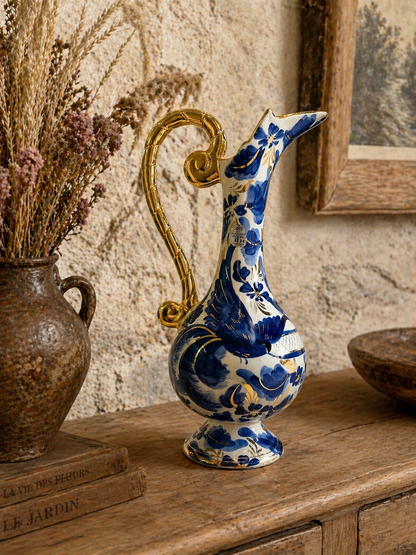 Hubert Bequet Pitcher No. 872 – Blue Bird of Paradise Faience with 24K Gold Details