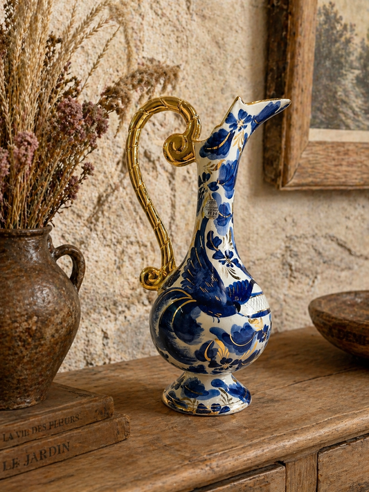 Hubert Bequet Pitcher No. 872 – Blue Bird of Paradise Faience with 24K Gold Details